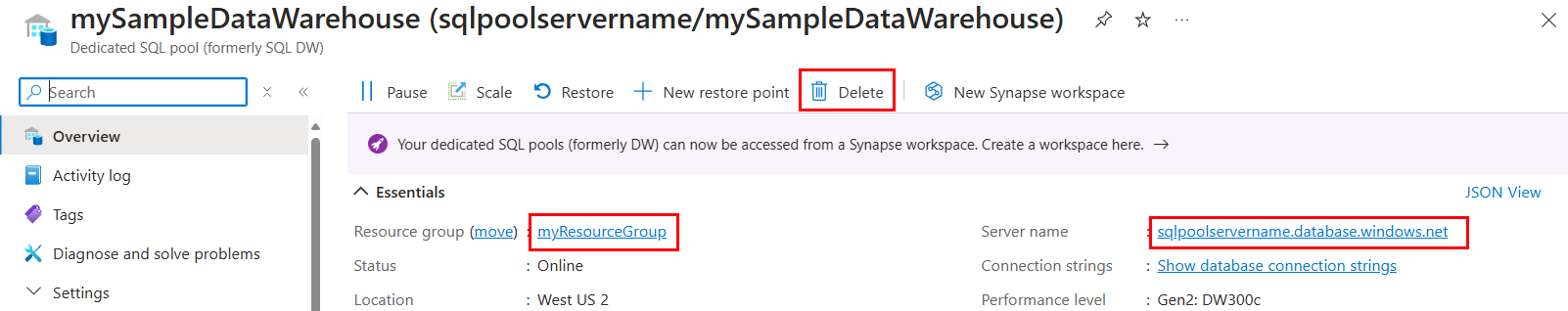 Azure 入口網站 的螢幕快照，這是專用 SQL 集區的工作負載管理頁面。[刪除工作負載群組] 選項會反白顯示。