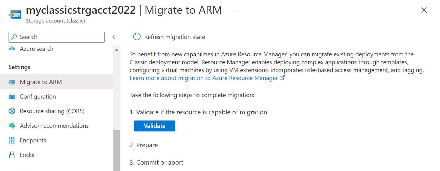 此螢幕擷取畫面顯示將傳統儲存體帳戶移轉至 Azure Resource Manager 的頁面。