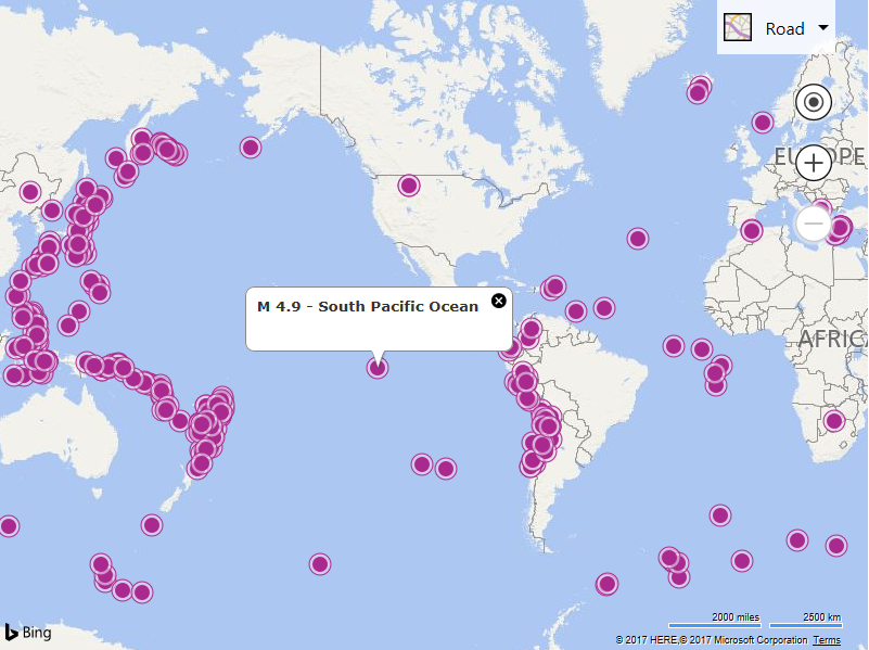 Screenshot of a Bing map that shows purple pushpins on all locations that have experienced earthquakes recently.