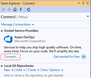 移至 Team Explorer，然後在您的 BizTalk Server 項目中聯機到 Azure DevOps