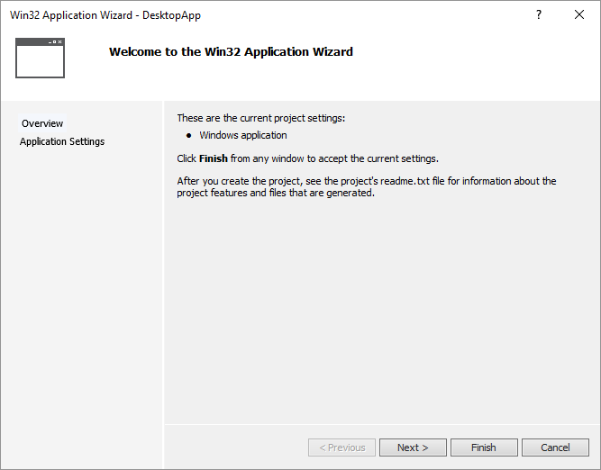 在 Win32 應用程式精靈的 [概觀] 頁面中建立 DesktopApp。