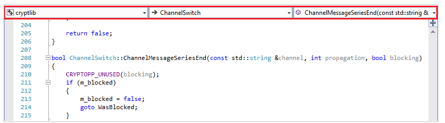 編輯器視窗上方導覽列的螢幕快照。它會顯示 cryptlib > ChannelSwitch > ChannelMessageSeriesEnd（）。