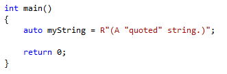 顯示程式代碼行現在已讀取的螢幕快照：auto myString = R“（A ”quoted“ string.）內部報價不再逸出。