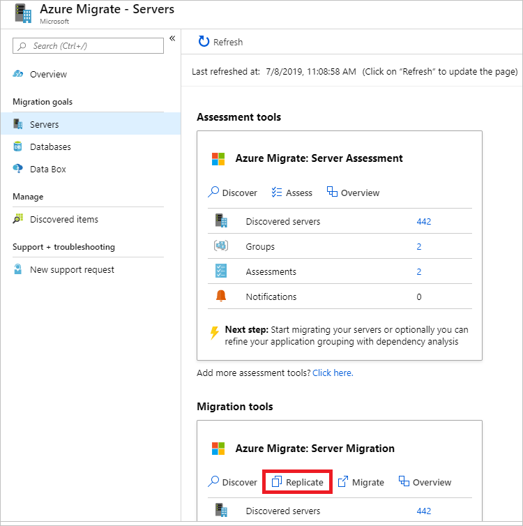 Azure Migrate - 伺服器畫面的螢幕擷取畫面，其中會顯示已在移轉工具下 [Azure Migrate：伺服器移轉] 中選取的 [複寫] 按鈕。