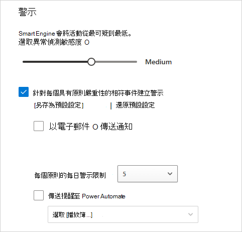 顯示如何設定警示的螢幕快照，包括敏感度、電子郵件和每日限制。