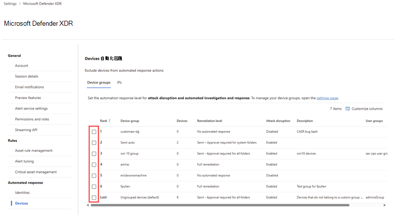 自動回應設定中攻擊中斷的 [裝置群組] 索引標籤