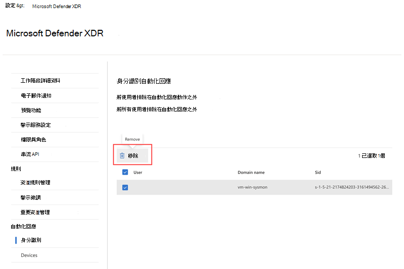在攻擊中斷自動化設定的 [身分識別] 頁面中移除排除的使用者時，反白顯示移除選項