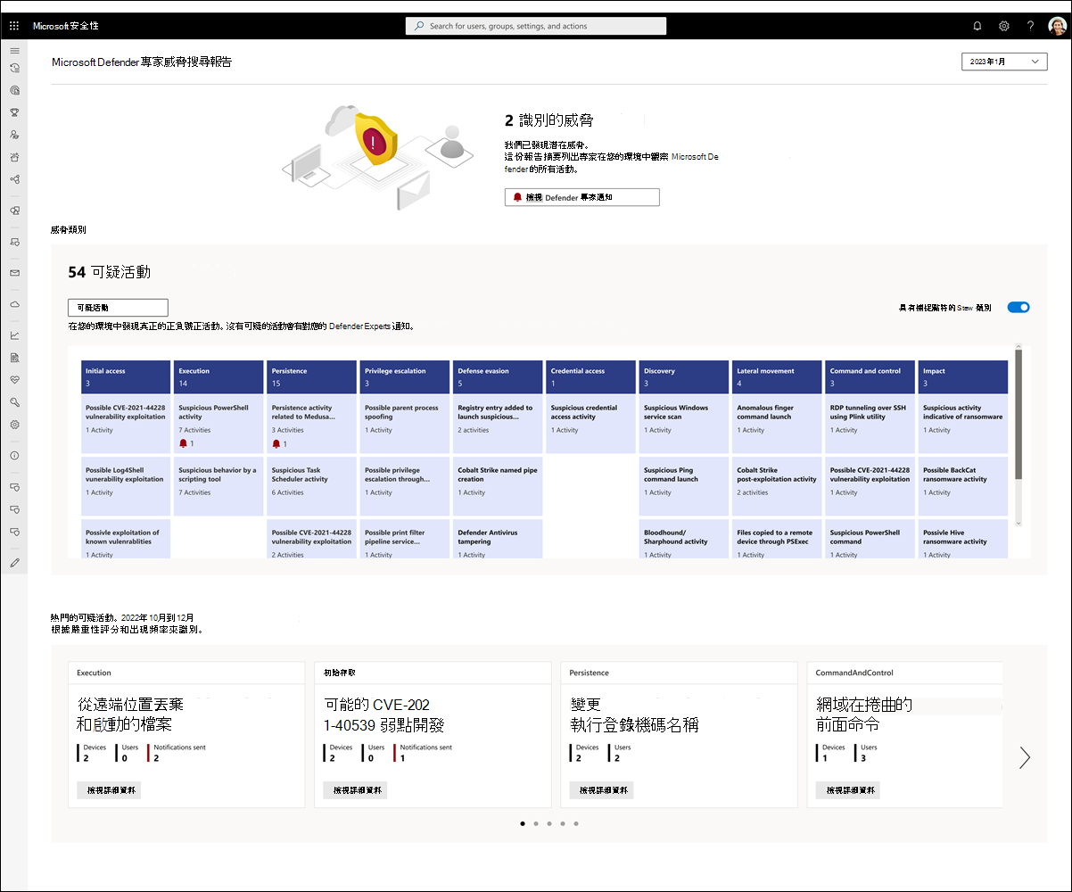 Defender 搜補專家報表的螢幕快照。