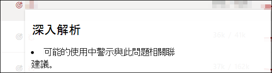 將滑鼠停留在圖示上方時，可能會顯示的缺口深入解析文字範例。這則指出「可能的作用中警示與此建議相關聯。