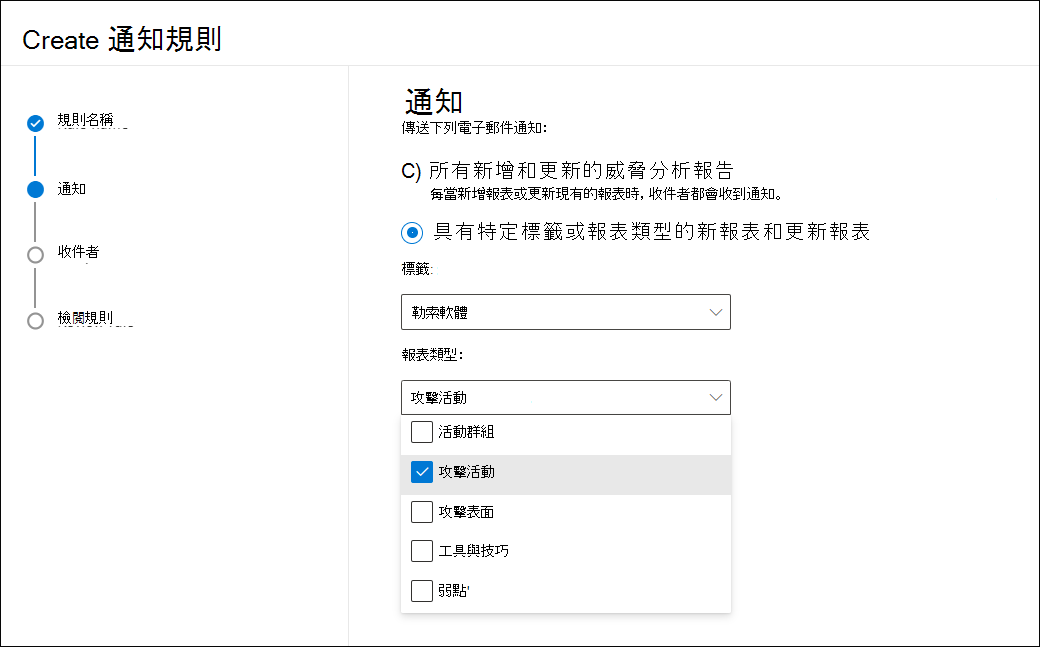 通知畫面的螢幕快照，其中已選取勒索軟體標籤，且已開啟類型的下拉功能表