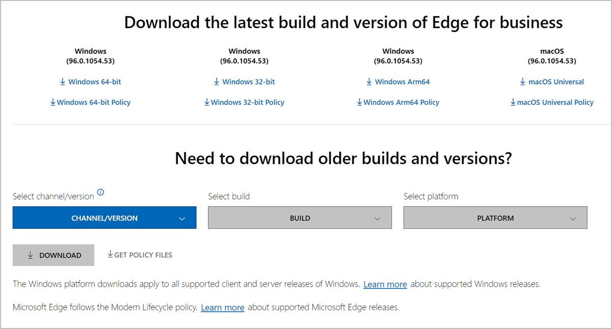 Microsoft Edge 原則檔案可供下載。