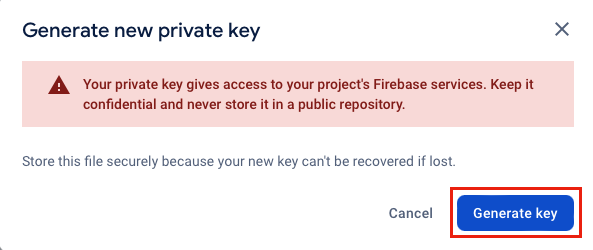 在 Firebase 雲端通訊控制台中產生新私鑰的螢幕快照。