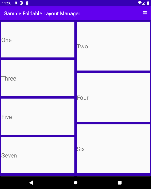 Foldable Emulator displaying an application on the whole screen with items of variable sizes