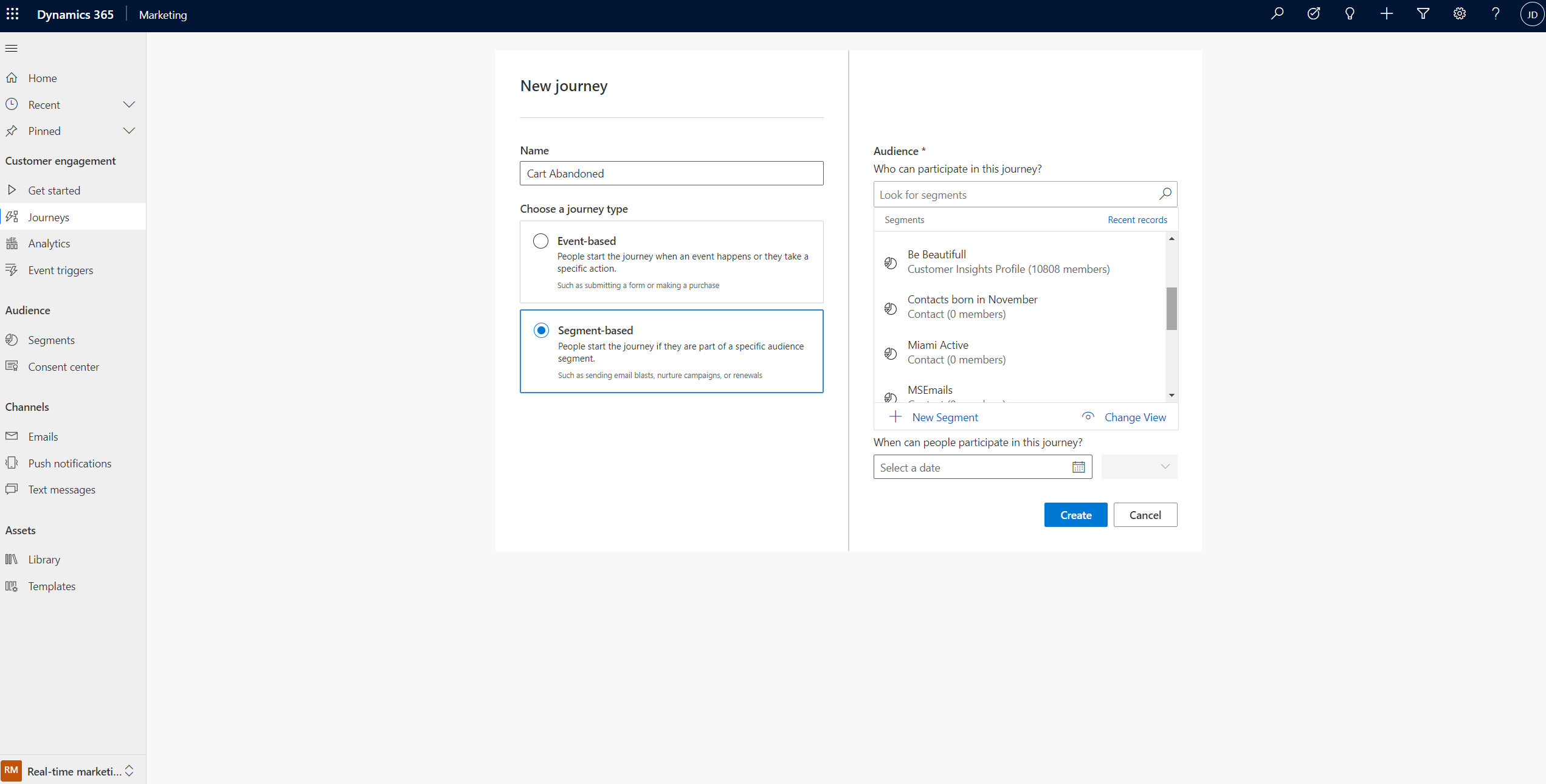 Using Customer Insights 'Be Beautiful' segment wth 10,808 members in a Customer Journey