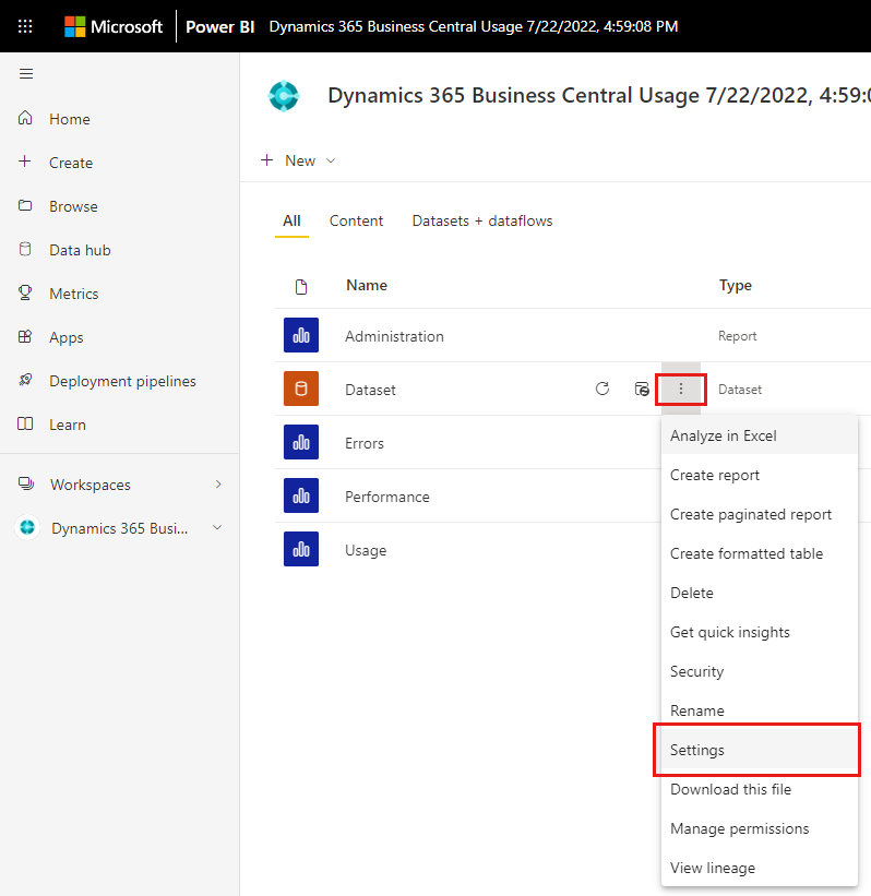 Diagram showing the settings action to configure the Application Insights connection in the Business Central usage 