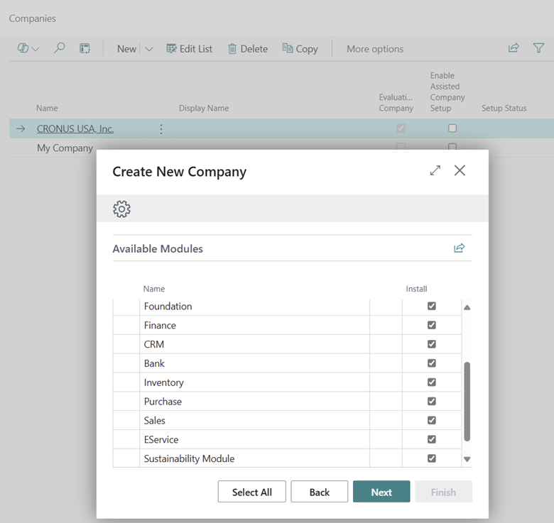 Shows the Create New Compay page in Business Central