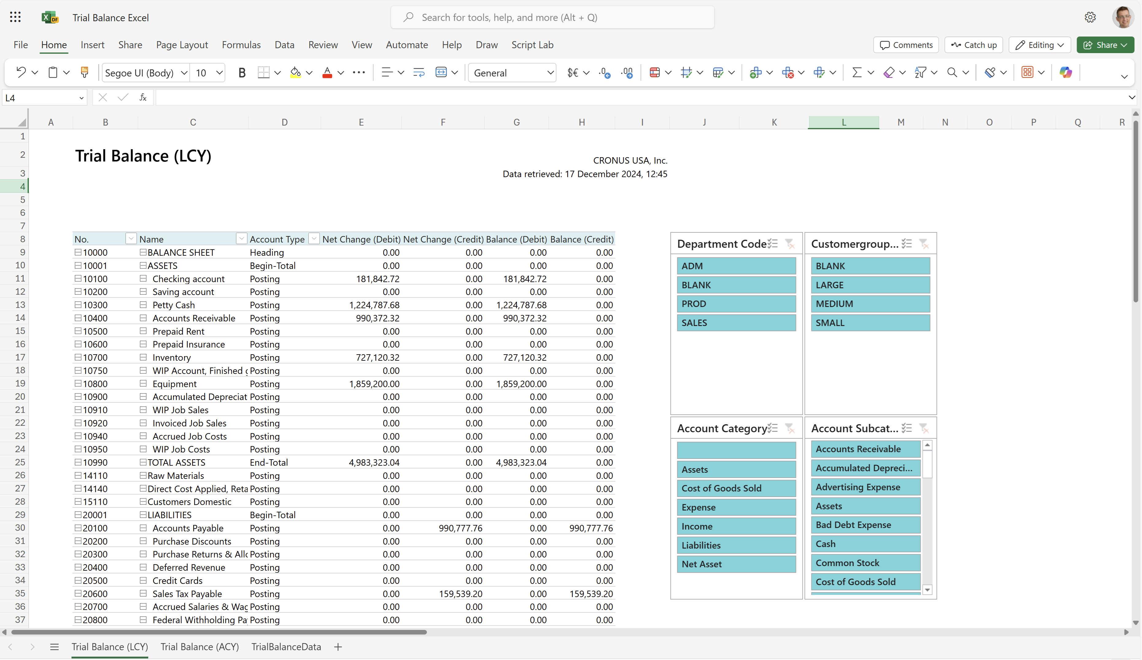 Screenshot of the Trial Balance (LCY) worksheet