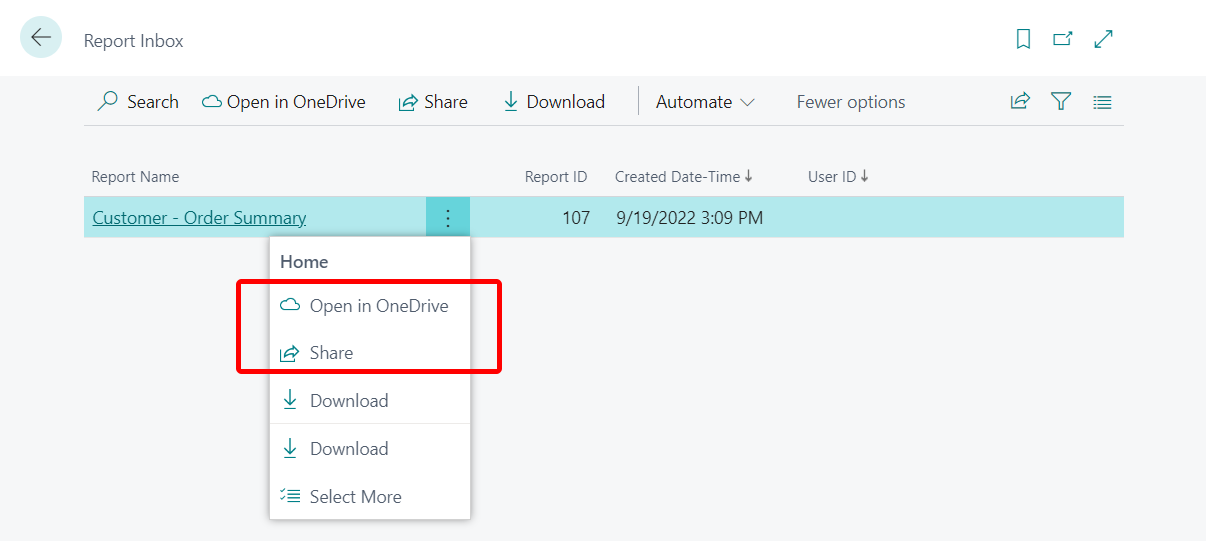 The Open in OneDrive and Share actions for reports