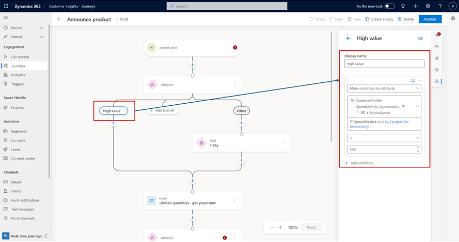 瀏覽條件式內容的 Customer Insights - Data 量值螢幕擷取畫面。