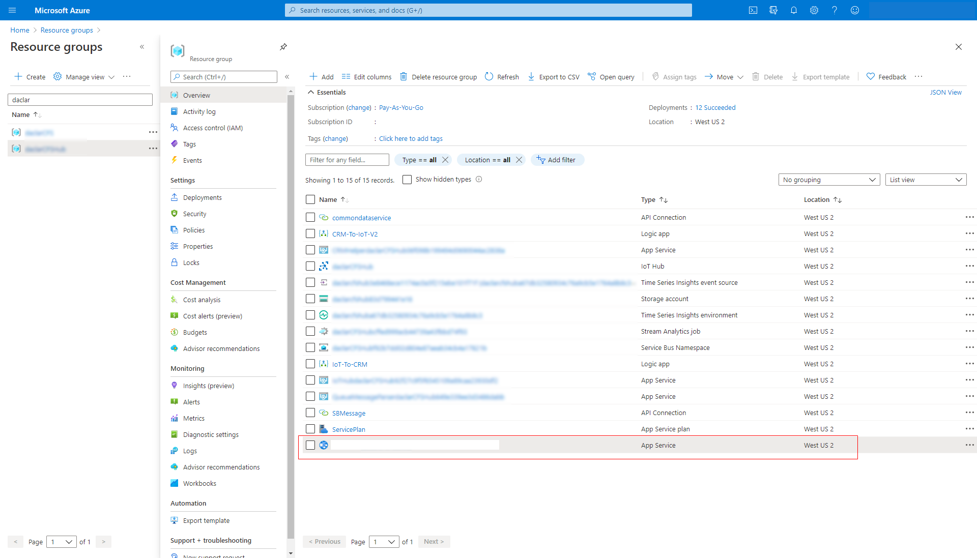 Azure 中資源群組的螢幕擷取畫面。