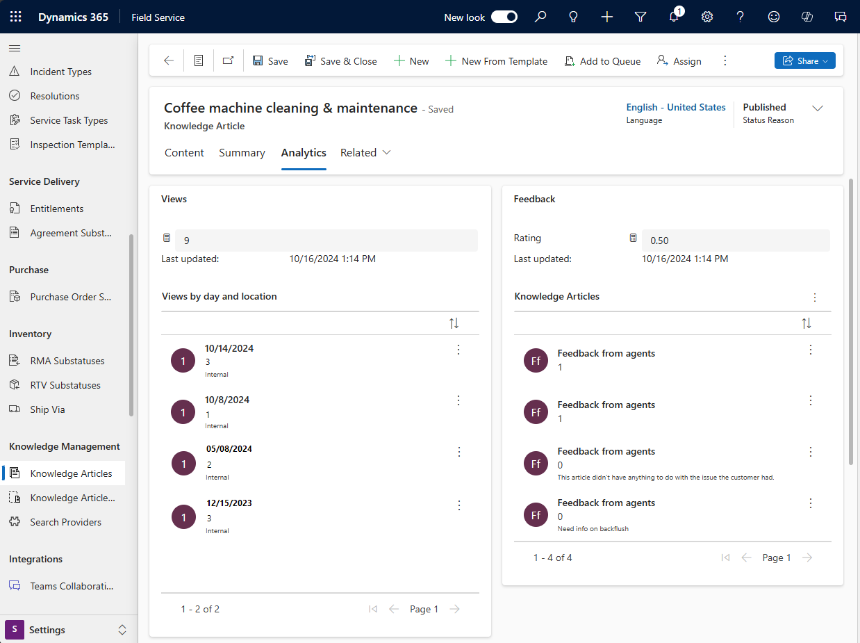 Field Service 知識文章的螢幕擷取畫面，顯示 [分析] 索引標籤。
