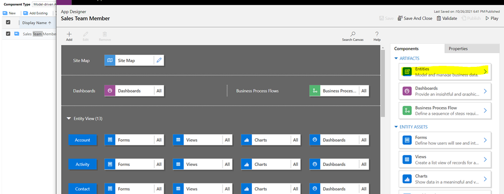 Entities button on the Components tab in App Designer.
