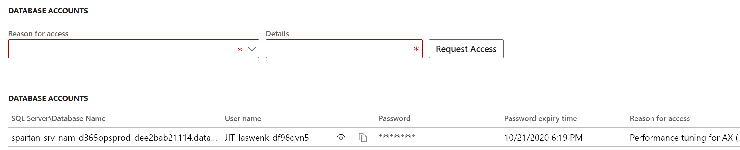 Database account shown with the expiry time.