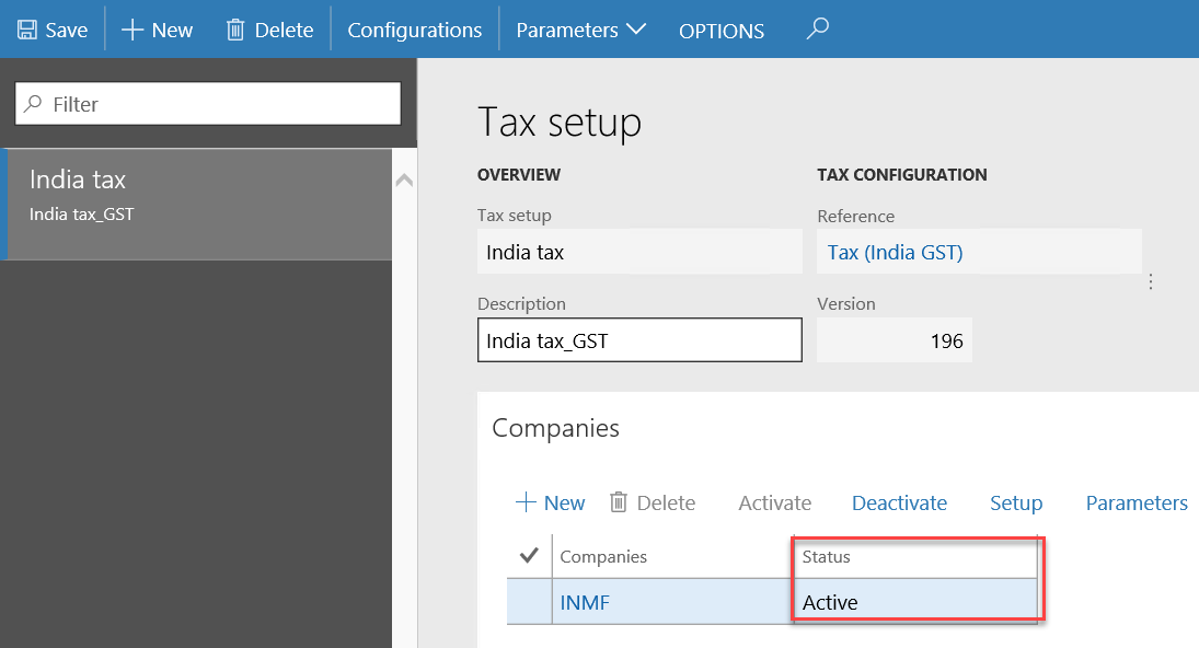 Tax setup status.