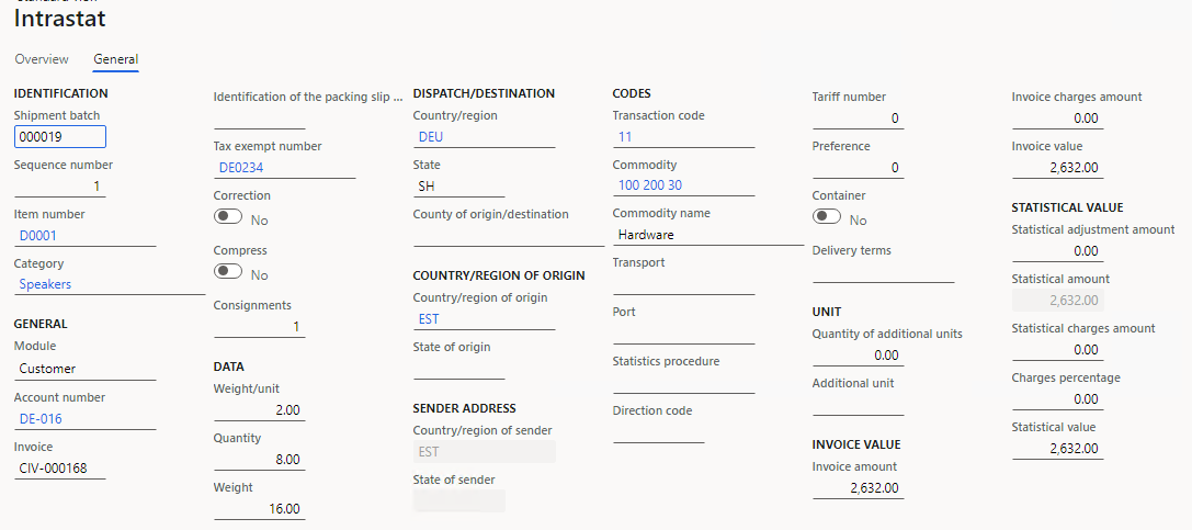 Purchase order details on the General tab of the Intrastat page