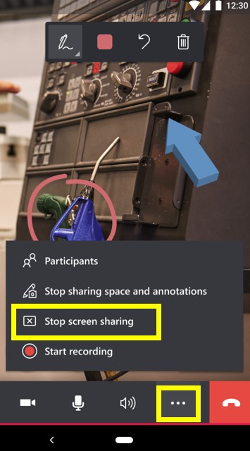 Screenshot of mobile app showing More button and Stop screen sharing command.