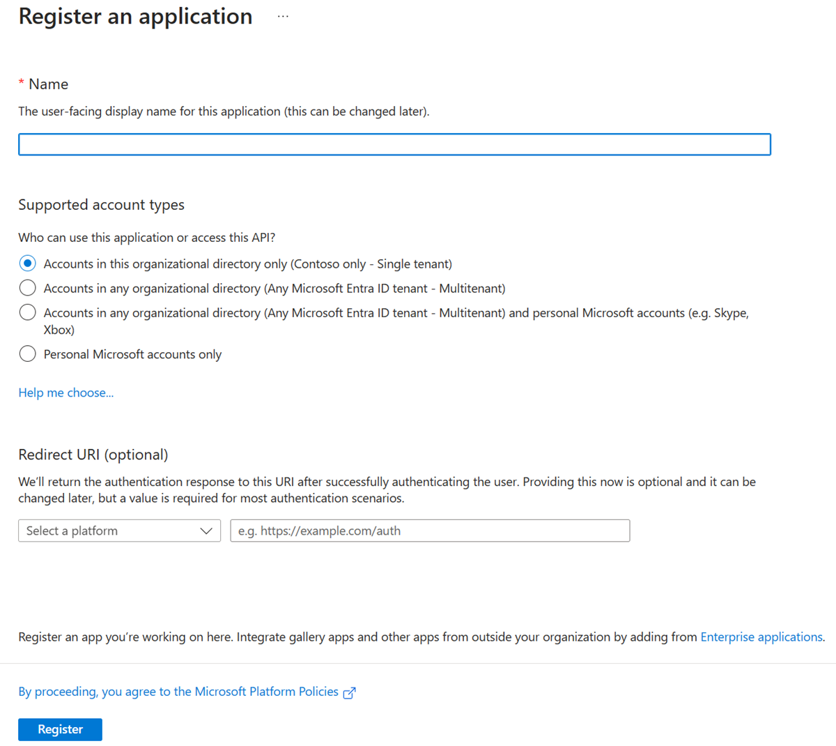 在 Microsoft Entra 系統管理中心中建立新的應用程式註冊