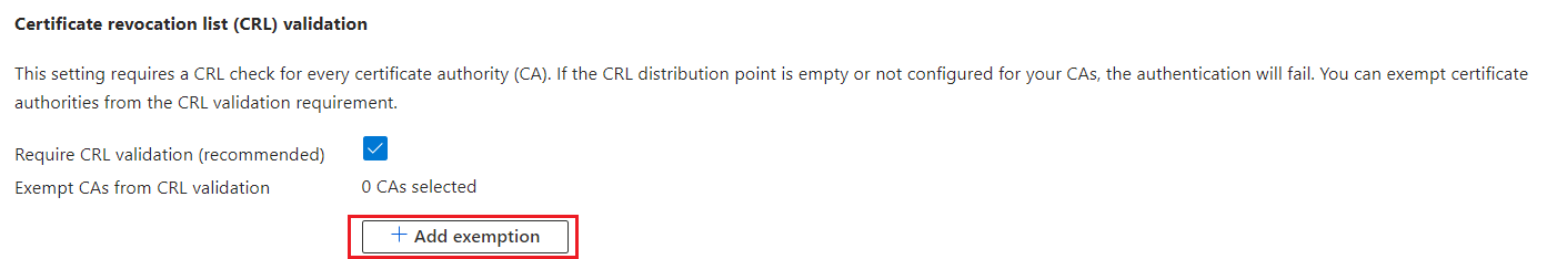 如何豁免 CRL 驗證 CA 的螢幕快照。