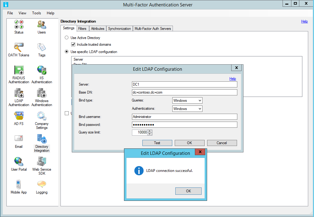 在 MFA Server 中測試 LDAP 設定