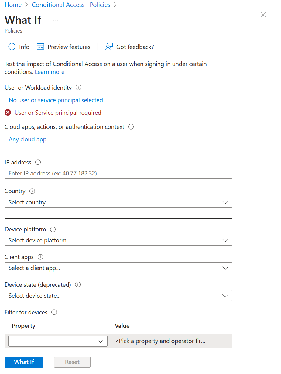 Conditional Access What If 工具的預設狀態