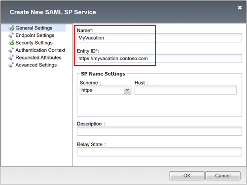 螢幕擷取畫面：[建立新的 SAML SP 服務] 底下的 [名稱] 和 [實體識別碼] 欄位。