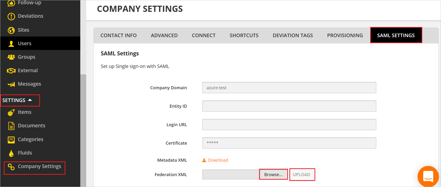 SAML 設定頁面。