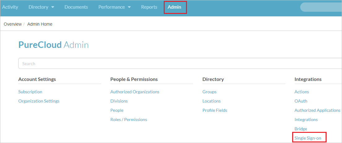 此螢幕擷取畫面顯示 [PureCloud 管理員] 視窗，您可以在其中選取 [單一登入]。