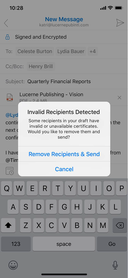 收件者憑證相關 Outlook for iOS 警告的螢幕快照。