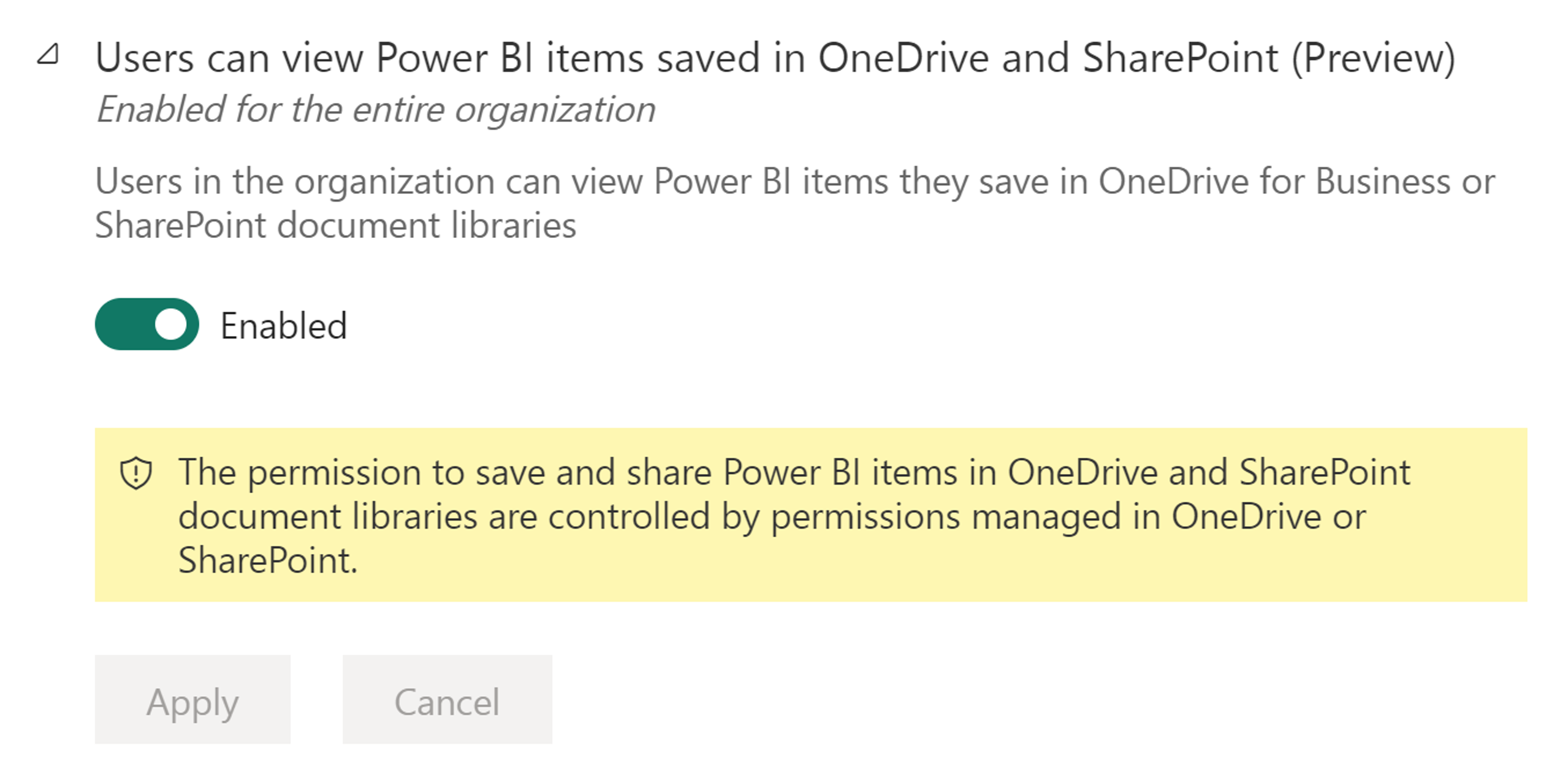 名為 [使用者可以檢視儲存在 OneDrive 和 SharePoint 中的 Power BI 項目] 的管理員設定的螢幕擷取畫面。