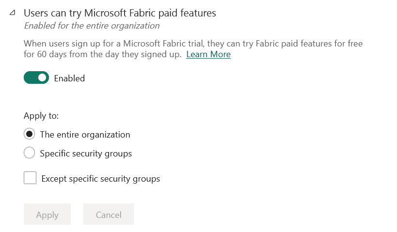 螢幕擷取畫面，其中顯示使用者可以試用 Microsoft Fabric 付費功能。