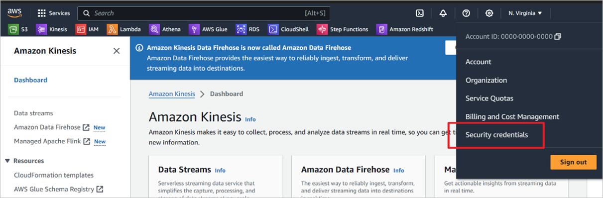 如何存取 AWS Kinesis 安全性認證的螢幕快照。