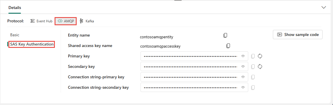 顯示 Eventstream 實時檢視 [詳細數據] 窗格上 AMQP 密鑰的螢幕快照。