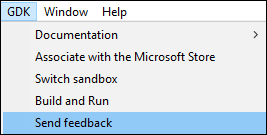 Screenshot of the Send feedback option in the GDK menu in Unity