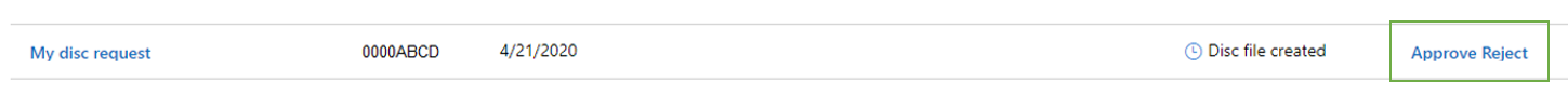 Screenshot of the Disc requests page with the option to approve or reject an order in Partner Center