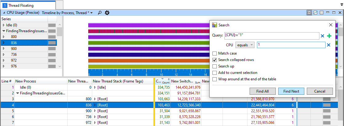 Screenshot showing how to use the Search feature to locate all threads that were running on core 1 during the capture