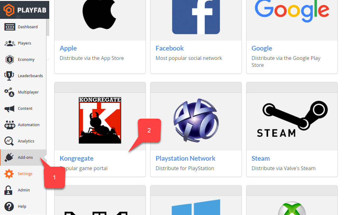 PlayFab select Kongregate Add-on