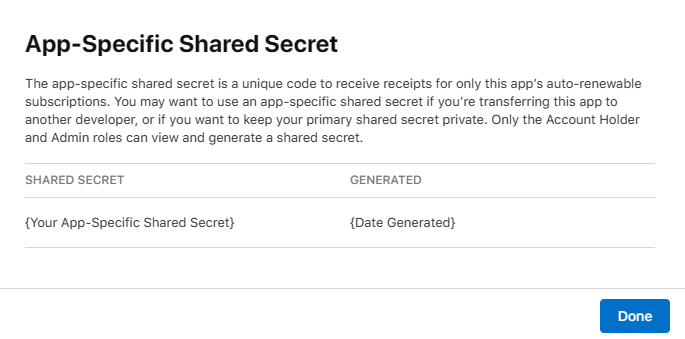 App specific shared secret value