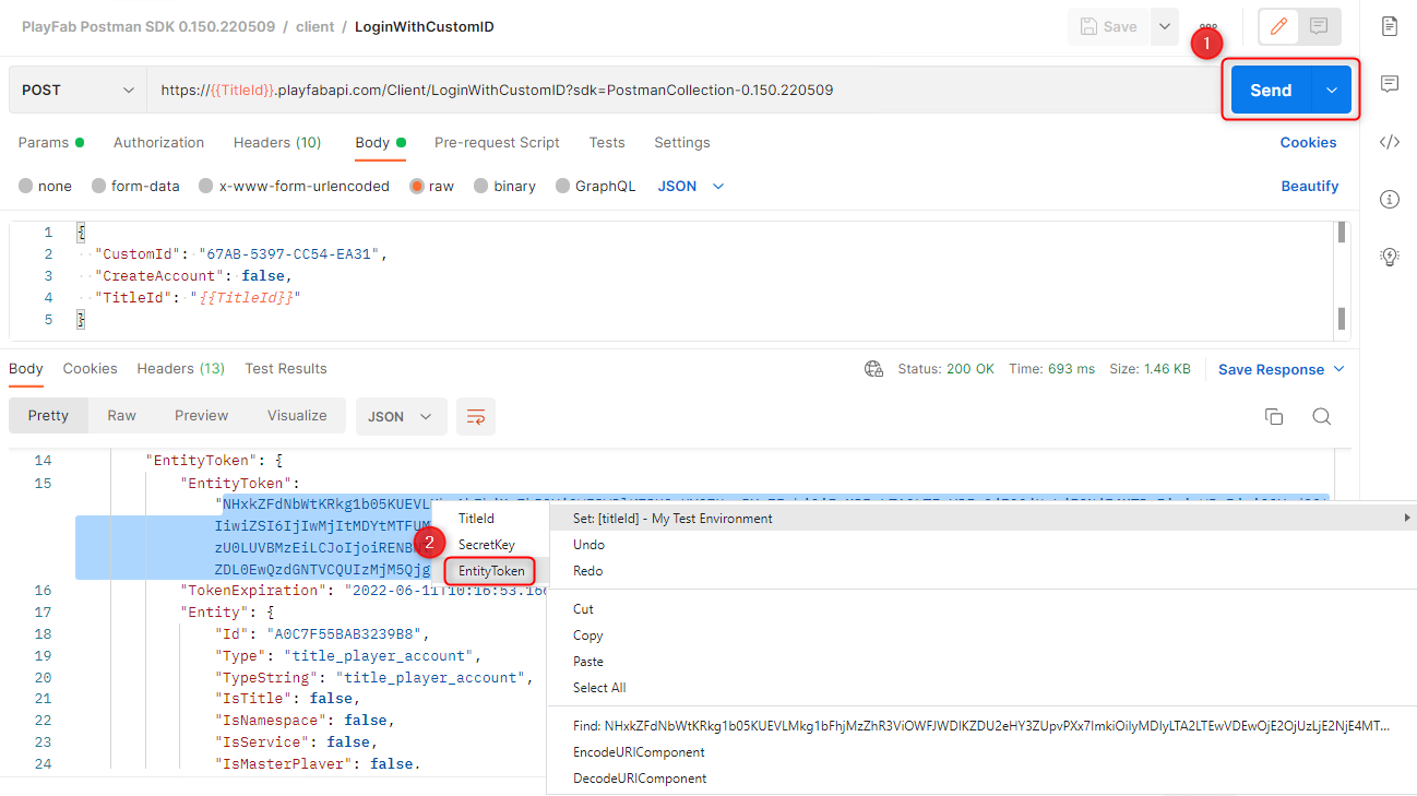 Postman Get Title_Player_Account Entity Token