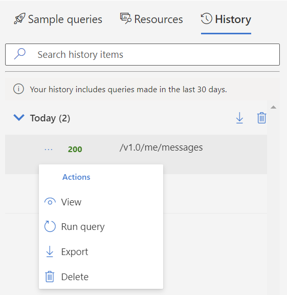 Screenshot of the history tab in Graph Explorer.