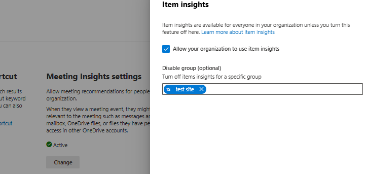 "Item insights" pane. "Allow your organization to use item insights" is checked. "Disable group (optional)" is populated with "test site".